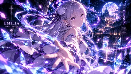 Emilia Re:Zero Magical Girl with Purple Energy Effects - free wallpaper 7680×4322