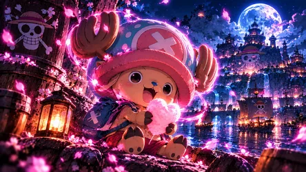 Chopper's Neon Adventure in Fantasy City - free cartoons & comics wallpaper 7680×4322
