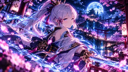 Anime Girl With Magic Energy In Moonlit Asian City - free wallpaper 7680×4322