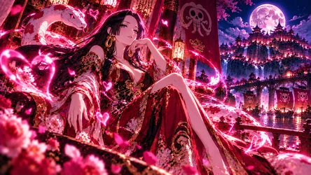 Neon Enchantress in Mystical Asian Palace - free cartoons & comics wallpaper 7680×4322