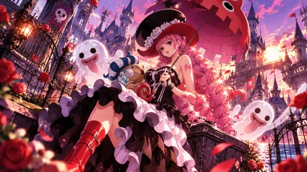 Anime Girl in Pink Hat with Ghost Companions in Fantasy Castle - free wallpaper 7680×4322