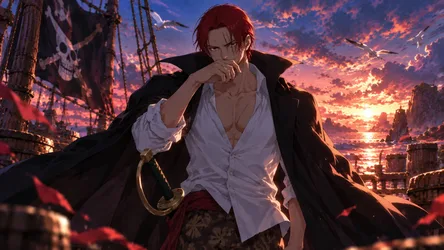 Red-Haired Pirate Captain at Sunset Harbor - free cartoons & comics wallpaper 7680×4325