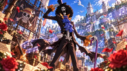 Skeletal Pirate Captain in Gothic Castle City - free cartoons & comics wallpaper 7680×4322