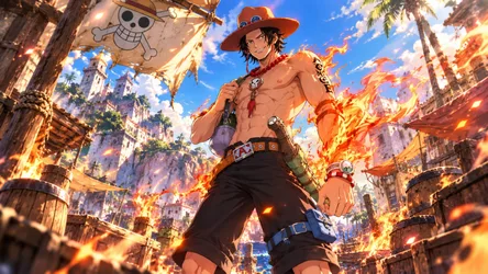 Fiery Pirate Captain in Burning Coastal Town - free wallpaper 7680×4322