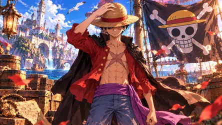 Anime Pirate Captain At Castle Harbor With Jolly Roger Flag - free wallpaper 7680×4322
