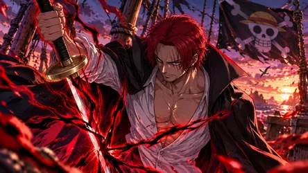 Red-Haired Pirate Captain With Sword in Burning Port - free wallpaper 7680×4325