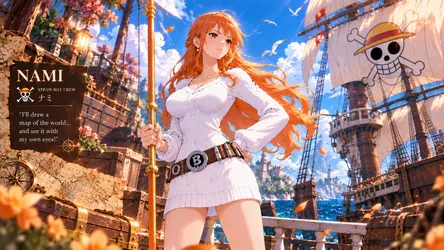 Nami From One Piece On Pirate Ship Deck - free wallpaper 7680×4327