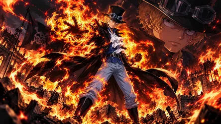 Steampunk Character Engulfed in Massive Flames - free wallpaper 7680×4322