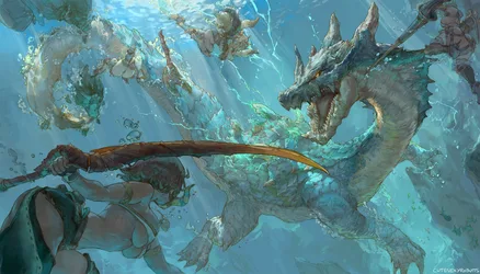 Lagiacrus Monster Hunter Underwater Battle - free wallpaper 6000×3428