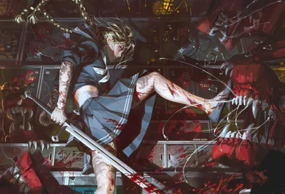 Schoolgirl Demon Hunter in Battle - free wallpaper 14182×9650