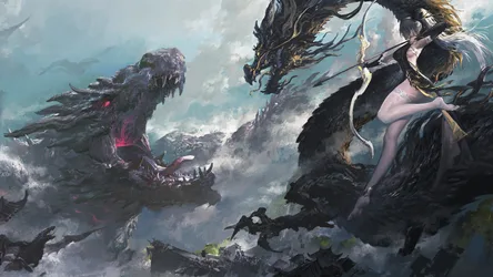 Dragon Archer in Chinese Dress Against Mystical Beasts - free fantasy wallpaper 6364×3580