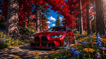 Red Sports Car in Forest with Wildflowers - free cars & vehicles wallpaper 7680×4287
