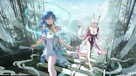 Qingxiao and Hsin in the Bamboo Forest - free anime wallpaper 5120×2880