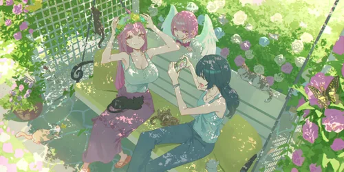 Three Girls in a Blooming Garden - free wallpaper 4096×2048