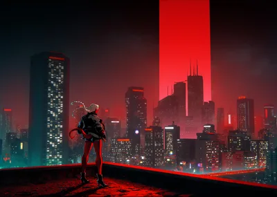 Demoness Overlooking the Neon City - free wallpaper 1920×1365