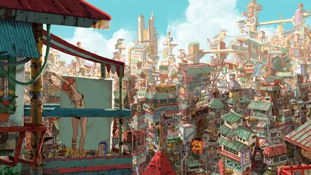 Yomunashi Anime Girl Stretching Over Vibrant Asian Cityscape - free wallpaper 1920×1080