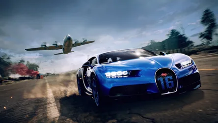 Blue Bugatti Sports Car Racing Alongside Military Plane - free cars & vehicles wallpaper 3840×2160