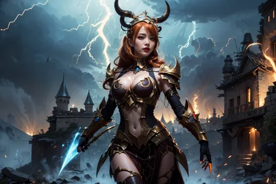 Armored Demon Warrior Woman in Storm Castle - free wallpaper 2304×1536