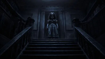 Gothic Child Figure on Staircase in Dark Manor - free dark wallpaper 2560×1440