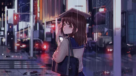 Anime Girl in Rain at Urban Nighttime Street - free wallpaper 1920×1080