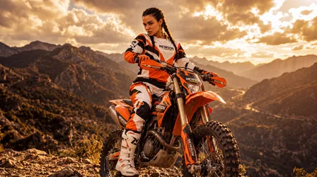 AI Art Girl Bike Enduro Mountain Dirt - Orange Motocross Rider in Alpine Landscape - free wallpaper 7680×4287