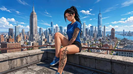 AI Art Girl Brunette Ponytail Rooftop NYC Skyline - free wallpaper 7680×4286