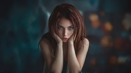 AI Art Girl with Blue Eyes and Contemplative Look - free wallpaper 3840×2143