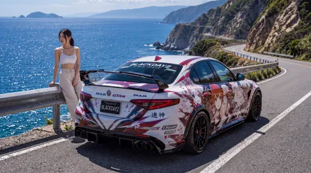 Alfa Romeo Giulia with Anime Girl on Coastal Road - free wallpaper 7680×4287