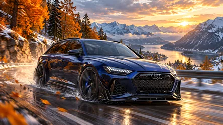 Audi AI Art: High-Performance SUV Racing Through Alpine Mountain Landscape at Sunset - free wallpaper 8360×4705