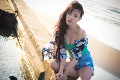 Asian Woman Summer Beach Portrait by Weathered Pier - free wallpaper 7360×4912