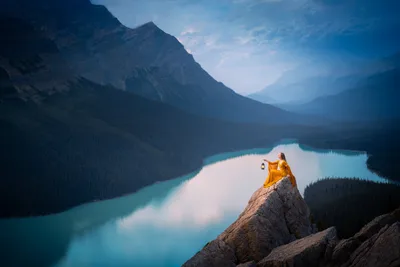 Woman in Golden Dress Holding Lantern on Mountain Rock Overlooking Turquoise Lake - free wallpaper 6144×4096