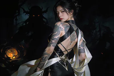 Asian Woman with Tattoos and Demon in Dark Sphere - free wallpaper 2000×1333