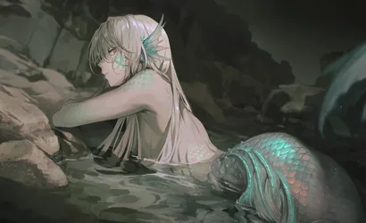 Mermaid by the Shore at Night - free anime wallpaper 2342×1428