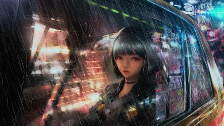 Girl in Taxi City Rain - Neon Urban Nightscape - free anime wallpaper 1920×1080