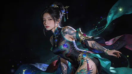 Asian Woman with Dragon Tattoos in Fantasy Night Setting - free fantasy wallpaper 7680×4320