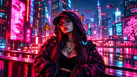 Girl Tokyo Japan Brunette Makeup Tattoos Blue Eyes Neon City - free people & portraits wallpaper 8360×4705