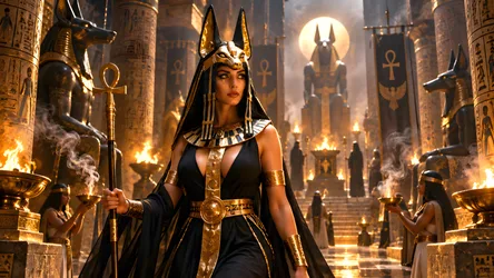 Woman in Egyptian Pharaoh Regalia in Golden Temple - free fantasy wallpaper 8360×4705