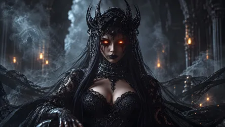 Dark Fantasy Woman with Glowing Eyes in Ornate Black Armor - free dark wallpaper 8360×4705