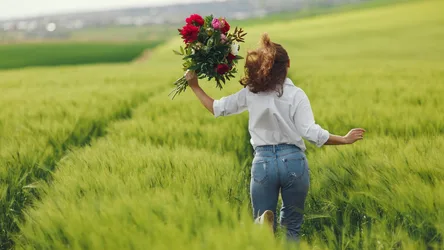 Woman With Red Flowers in Green Field - free people & portraits wallpaper 7680×4320
