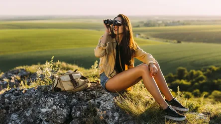 Girl Tourist in Mountains Observing Valley Landscape - free people & portraits wallpaper 7680×4320