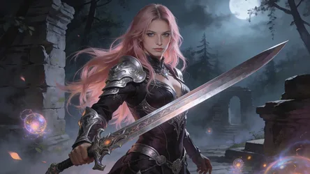 Victorious Woman with Sword Under Moonlight in Fantasy Ruins - free fantasy wallpaper 2560×1440