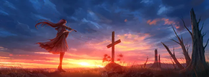 Violin Player at Sunset with Cross and Dead Trees - free wallpaper 2926×1080
