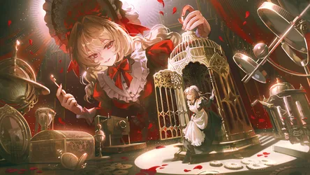 Anime Maid in Red Ribbons and Golden Steampunk Palace - free anime wallpaper 2000×1125