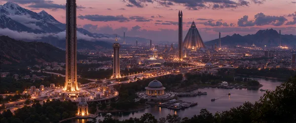 Futuristic Mountain City at Twilight - free wallpaper 3224×1344