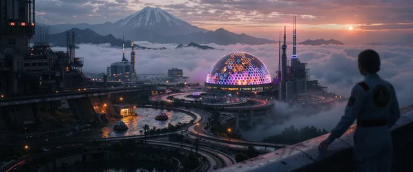 Futuristic Dome City at Sunset with Mount Fuji - free wallpaper 4000×1672
