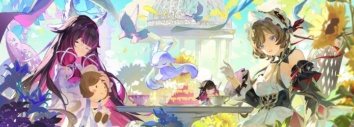 Sandrone and Columbina in a Blooming Garden - free anime wallpaper 4728×1701