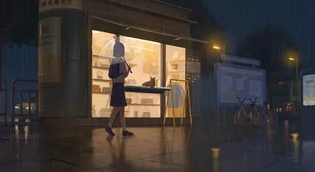 Rainy Evening at the Store - free anime wallpaper 2340×1279