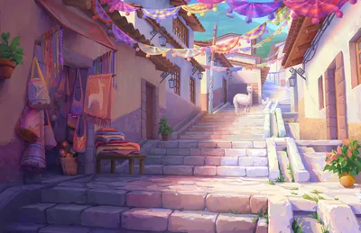 Llama in a Festive Mountain Village Street - free art & design wallpaper 2550×1650