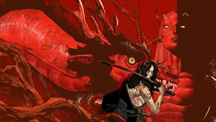 Akíla Gabriel With Dragon and Katana in Red - free art & design wallpaper 3840×2160