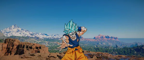 Goku Super Saiyan Blue in Desert Mountains - free wallpaper 3440×1440